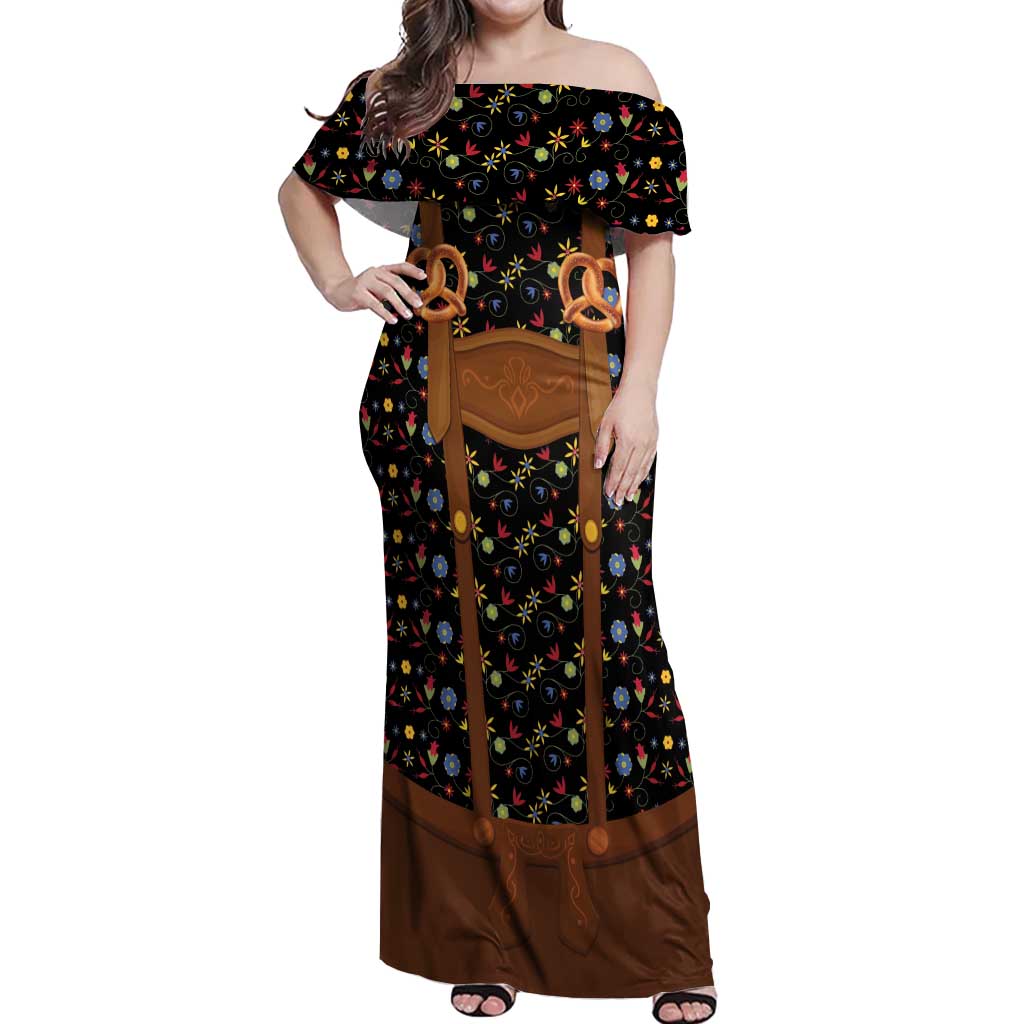 Traditional German Costume - Lederhosen and Soft Pretzel Off Shoulder Maxi Dress Folk Floral Pattern Style