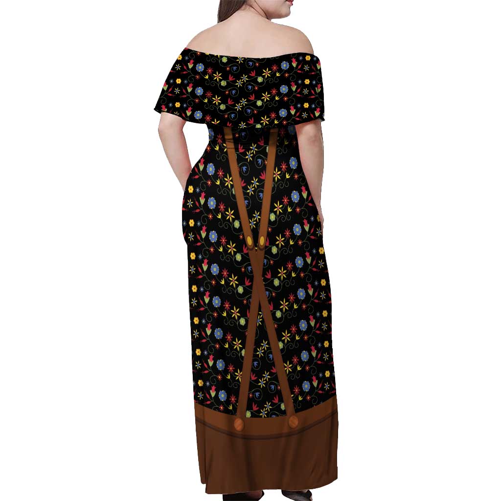 Traditional German Costume - Lederhosen and Soft Pretzel Off Shoulder Maxi Dress Folk Floral Pattern Style