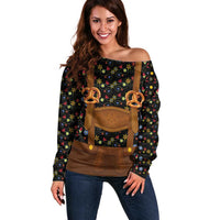 Traditional German Costume - Lederhosen and Soft Pretzel Off Shoulder Sweater Folk Floral Pattern Style