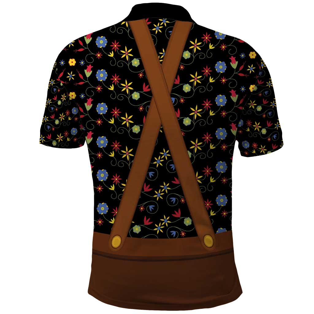 Traditional German Costume - Lederhosen and Soft Pretzel Polo Shirt Folk Floral Pattern Style