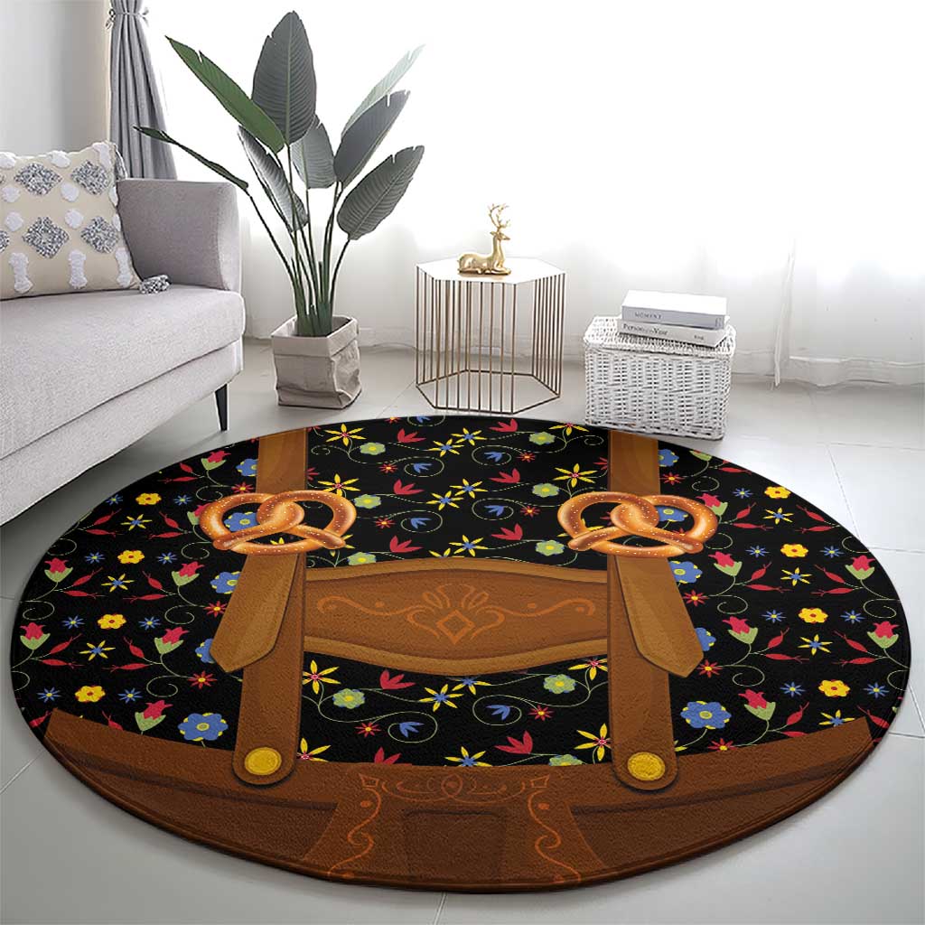 Traditional German Costume - Lederhosen and Soft Pretzel Round Carpet Folk Floral Pattern Style