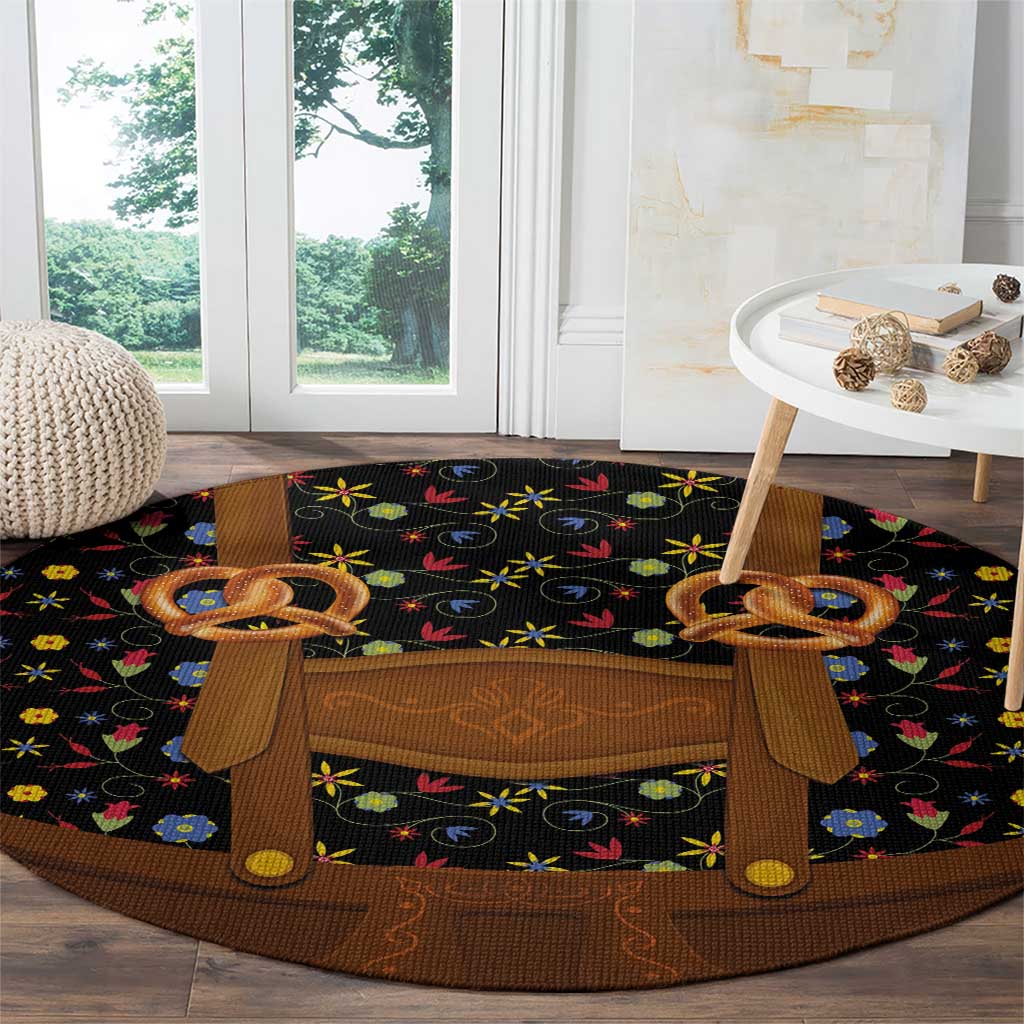Traditional German Costume - Lederhosen and Soft Pretzel Round Carpet Folk Floral Pattern Style