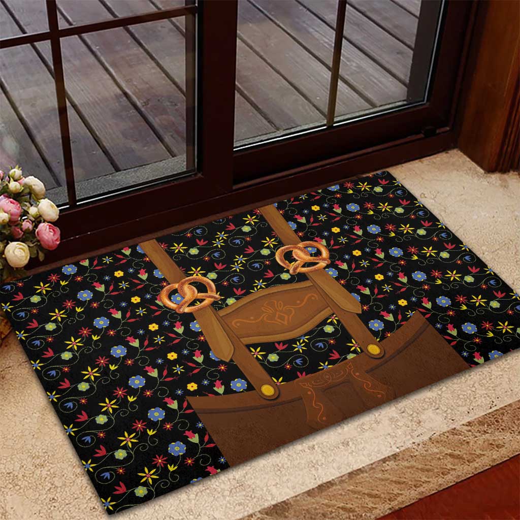 Traditional German Costume - Lederhosen and Soft Pretzel Rubber Doormat Folk Floral Pattern Style