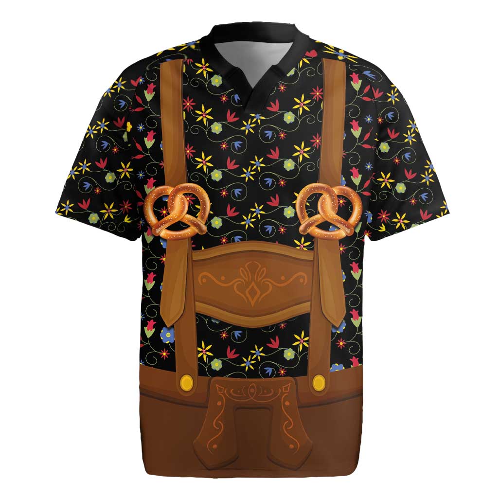 Traditional German Costume - Lederhosen and Soft Pretzel Rugby Jersey Folk Floral Pattern Style