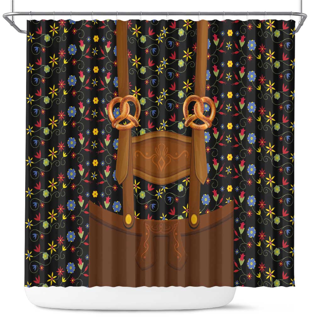 Traditional German Costume - Lederhosen and Soft Pretzel Shower Curtain Folk Floral Pattern Style