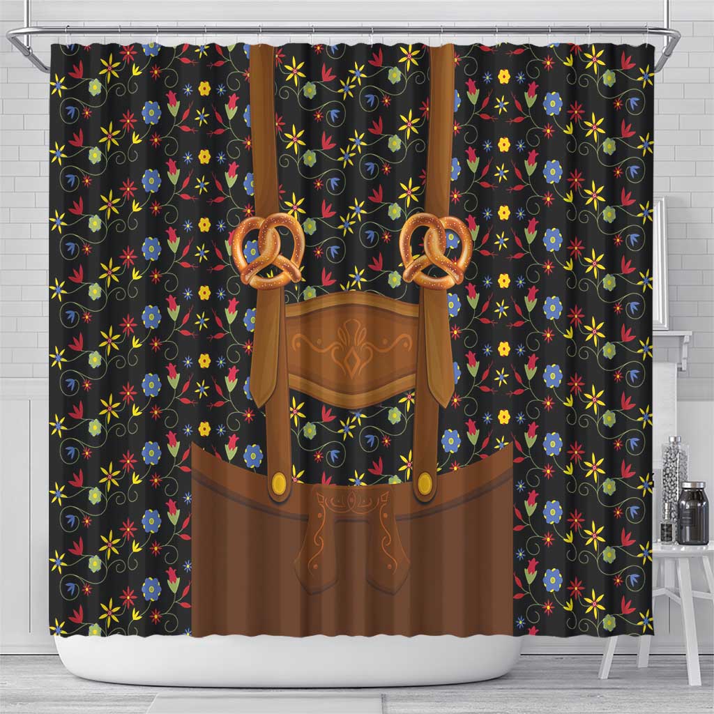 Traditional German Costume - Lederhosen and Soft Pretzel Shower Curtain Folk Floral Pattern Style