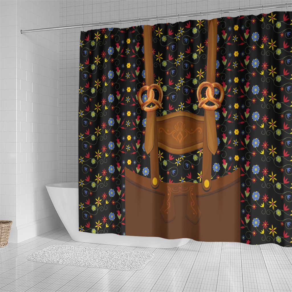 Traditional German Costume - Lederhosen and Soft Pretzel Shower Curtain Folk Floral Pattern Style
