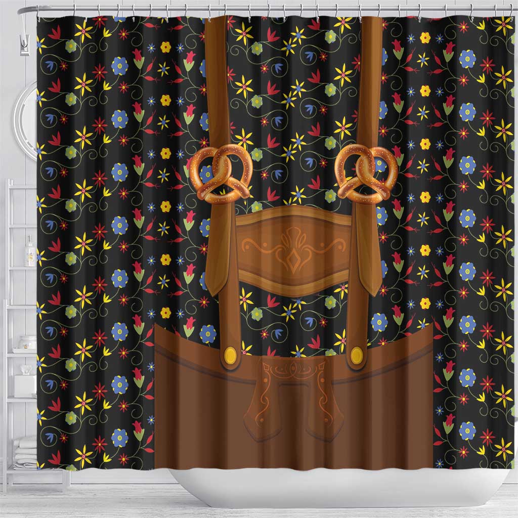 Traditional German Costume - Lederhosen and Soft Pretzel Shower Curtain Folk Floral Pattern Style