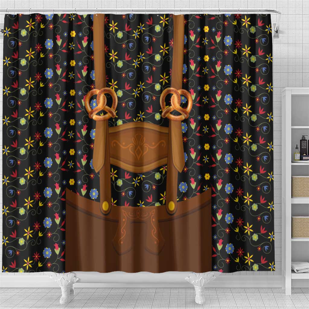 Traditional German Costume - Lederhosen and Soft Pretzel Shower Curtain Folk Floral Pattern Style