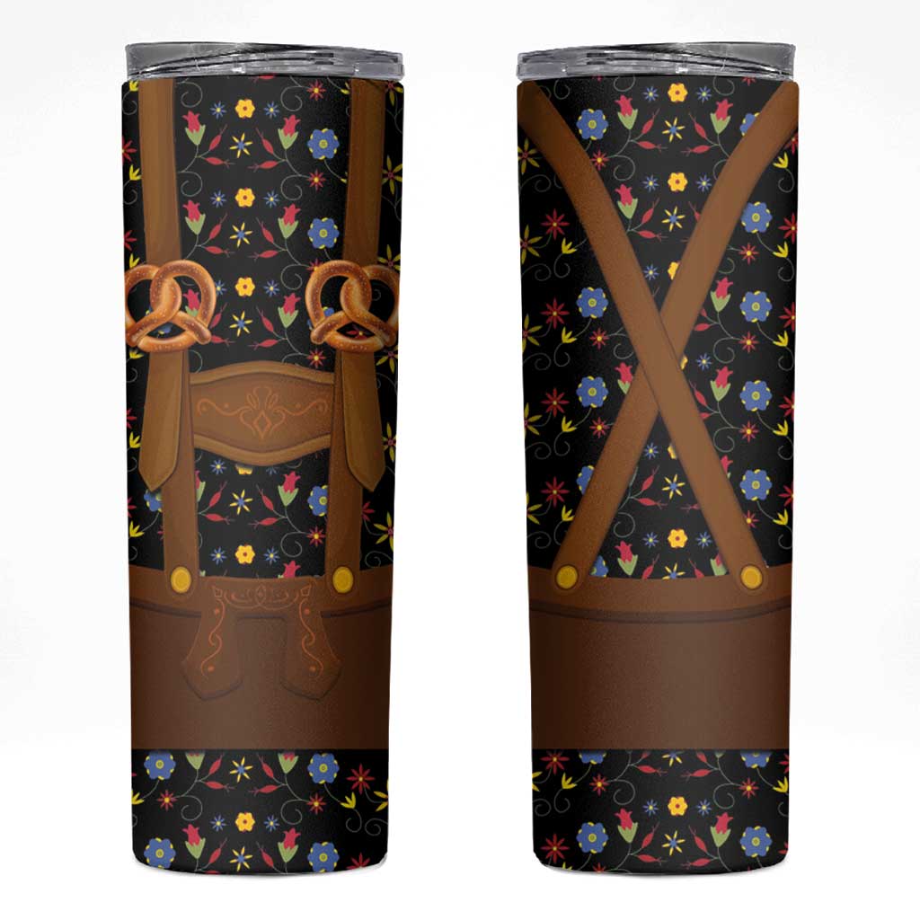 Traditional German Costume - Lederhosen and Soft Pretzel Skinny Tumbler Folk Floral Pattern Style