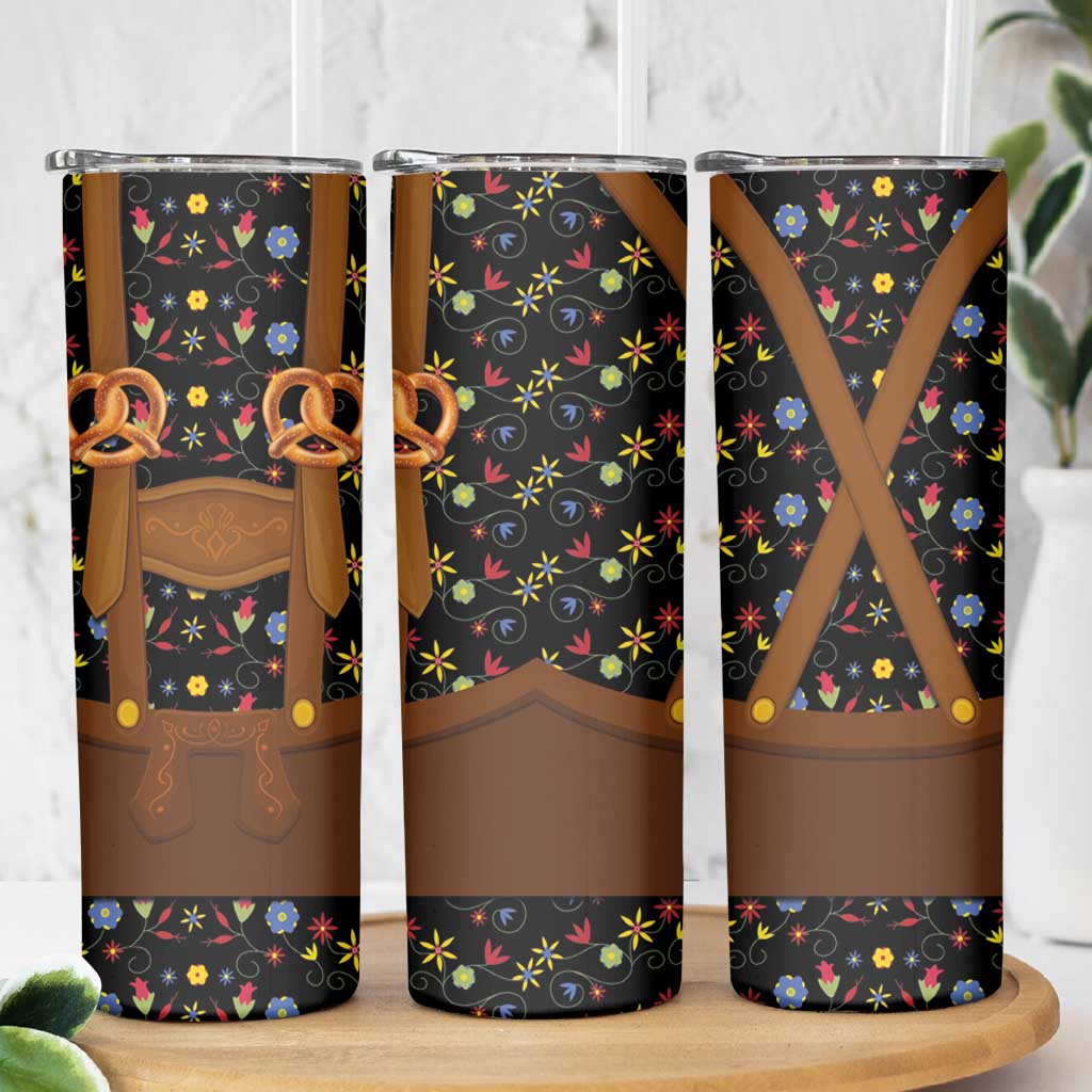 Traditional German Costume - Lederhosen and Soft Pretzel Skinny Tumbler Folk Floral Pattern Style