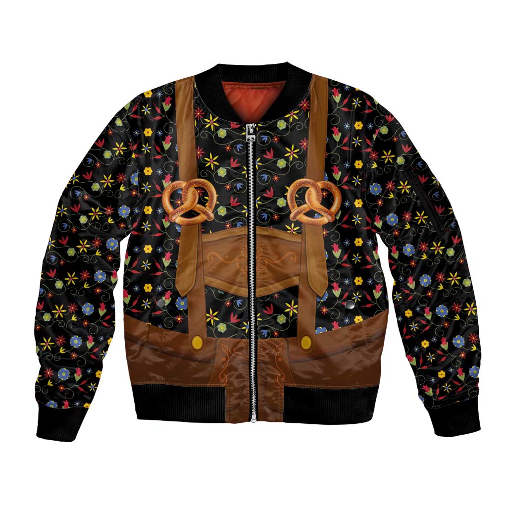 Traditional German Costume - Lederhosen and Soft Pretzel Sleeve Zip Bomber Jacket Folk Floral Pattern Style