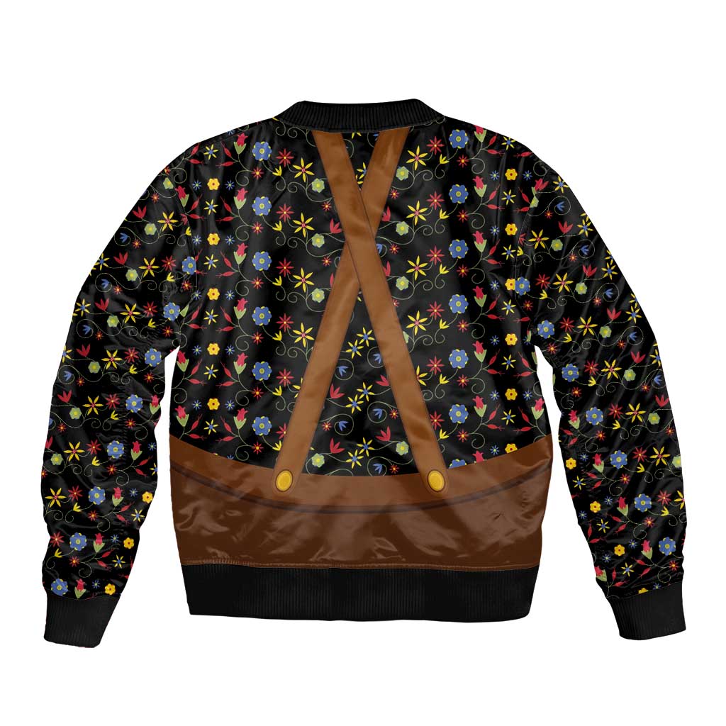 Traditional German Costume - Lederhosen and Soft Pretzel Sleeve Zip Bomber Jacket Folk Floral Pattern Style