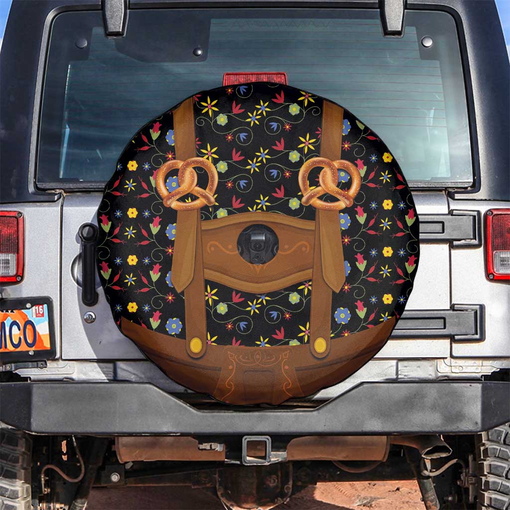 Traditional German Costume - Lederhosen and Soft Pretzel Spare Tire Cover Folk Floral Pattern Style