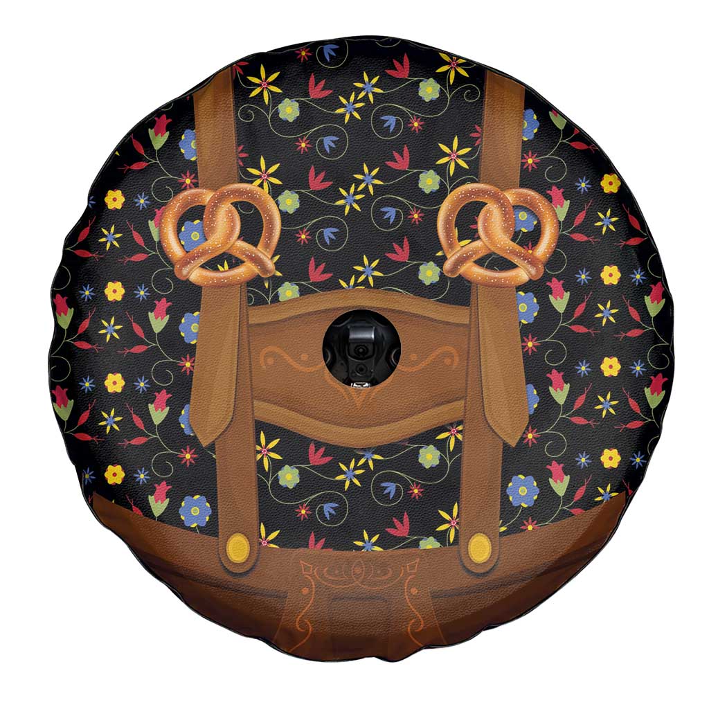 Traditional German Costume - Lederhosen and Soft Pretzel Spare Tire Cover Folk Floral Pattern Style