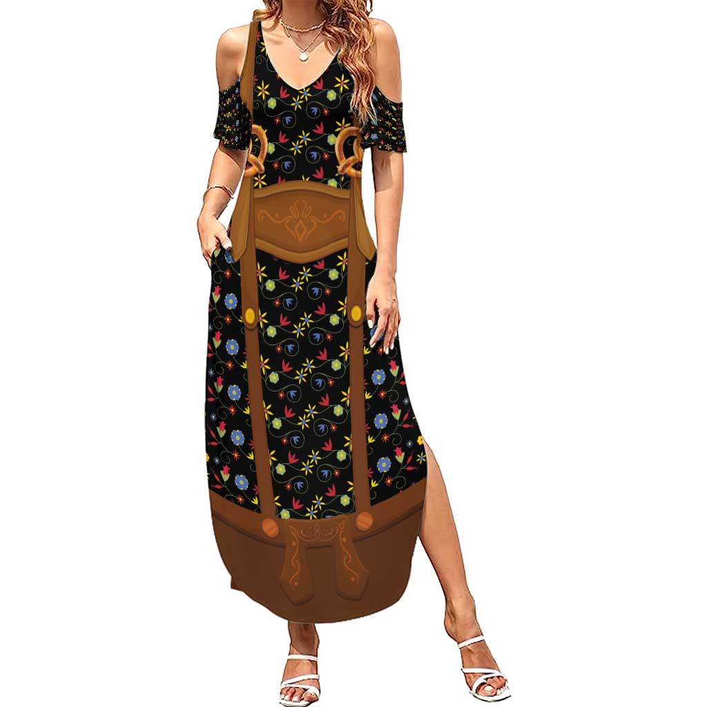 Traditional German Costume - Lederhosen and Soft Pretzel Summer Maxi Dress Folk Floral Pattern Style