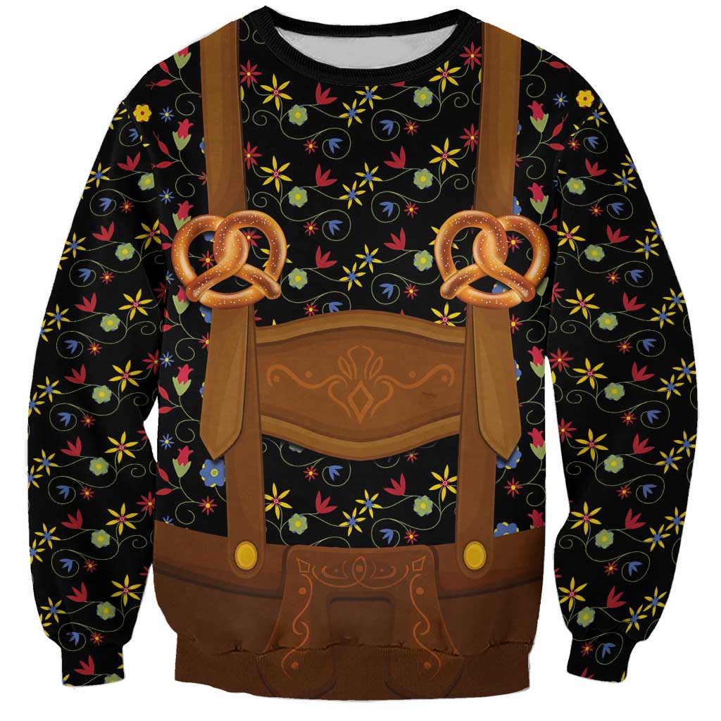 Traditional German Costume - Lederhosen and Soft Pretzel Sweatshirt Folk Floral Pattern Style