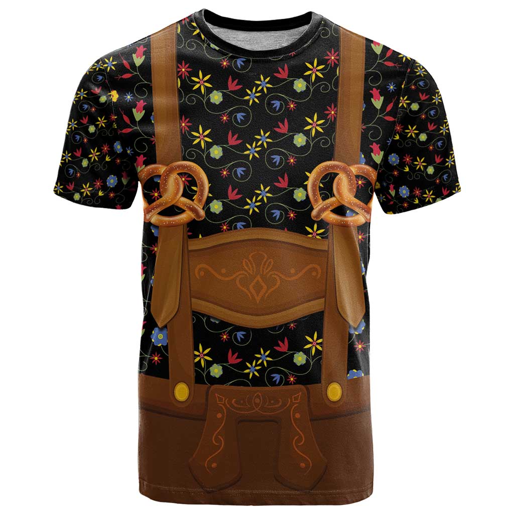 Traditional German Costume - Lederhosen and Soft Pretzel T Shirt Folk Floral Pattern Style