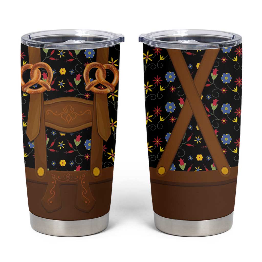 Traditional German Costume - Lederhosen and Soft Pretzel Tumbler Cup Folk Floral Pattern Style