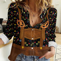 Traditional German Costume - Lederhosen and Soft Pretzel Women Casual Shirt Folk Floral Pattern Style