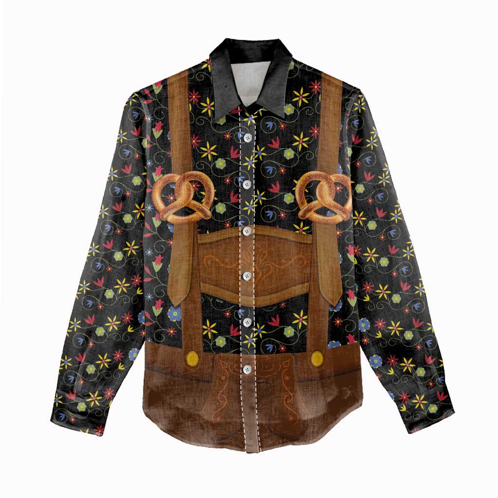 Traditional German Costume - Lederhosen and Soft Pretzel Women Casual Shirt Folk Floral Pattern Style