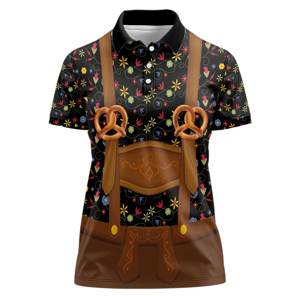 Traditional German Costume - Lederhosen and Soft Pretzel Women Polo Shirt Folk Floral Pattern Style