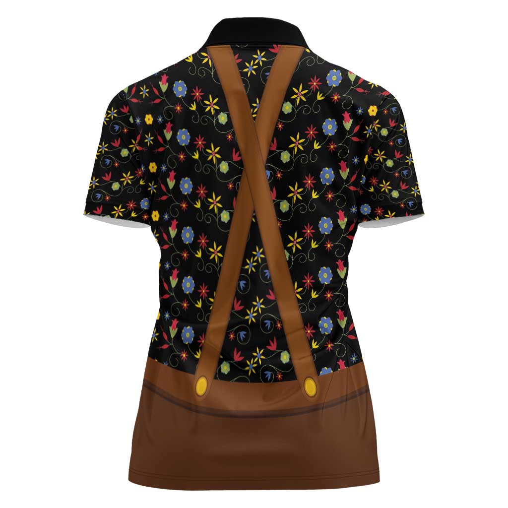 Traditional German Costume - Lederhosen and Soft Pretzel Women Polo Shirt Folk Floral Pattern Style