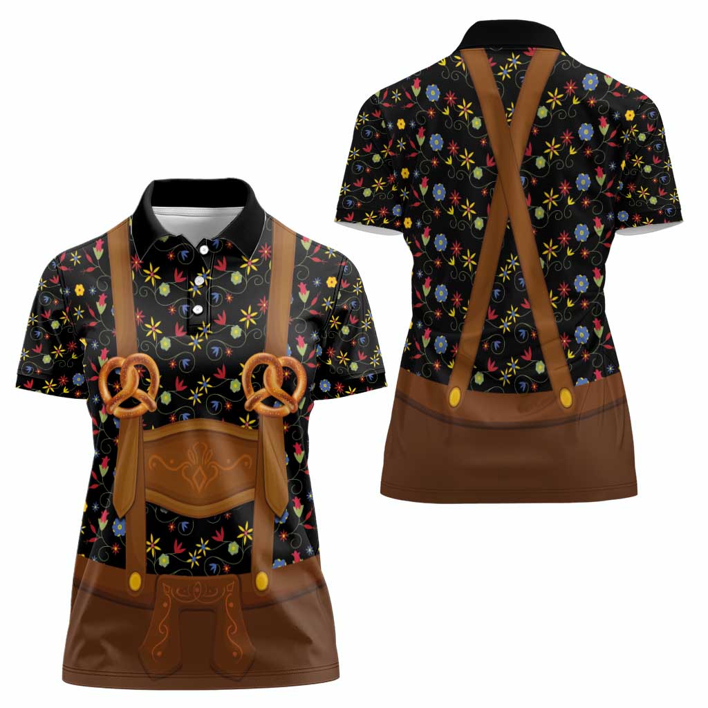 Traditional German Costume - Lederhosen and Soft Pretzel Women Polo Shirt Folk Floral Pattern Style