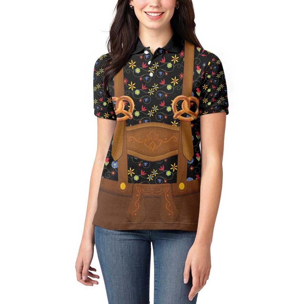 Traditional German Costume - Lederhosen and Soft Pretzel Women Polo Shirt Folk Floral Pattern Style