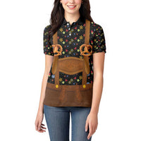 Traditional German Costume - Lederhosen and Soft Pretzel Women Polo Shirt Folk Floral Pattern Style