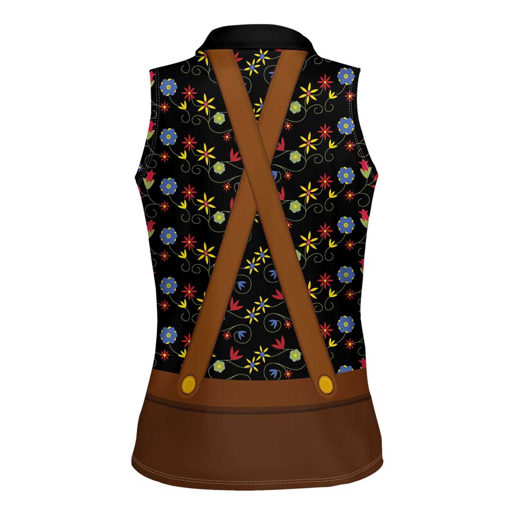 Traditional German Costume - Lederhosen and Soft Pretzel Women Sleeveless Polo Shirt Folk Floral Pattern Style