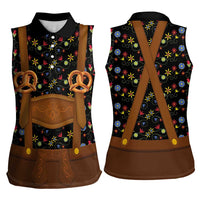 Traditional German Costume - Lederhosen and Soft Pretzel Women Sleeveless Polo Shirt Folk Floral Pattern Style