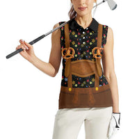 Traditional German Costume - Lederhosen and Soft Pretzel Women Sleeveless Polo Shirt Folk Floral Pattern Style