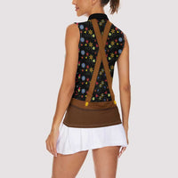 Traditional German Costume - Lederhosen and Soft Pretzel Women Sleeveless Polo Shirt Folk Floral Pattern Style
