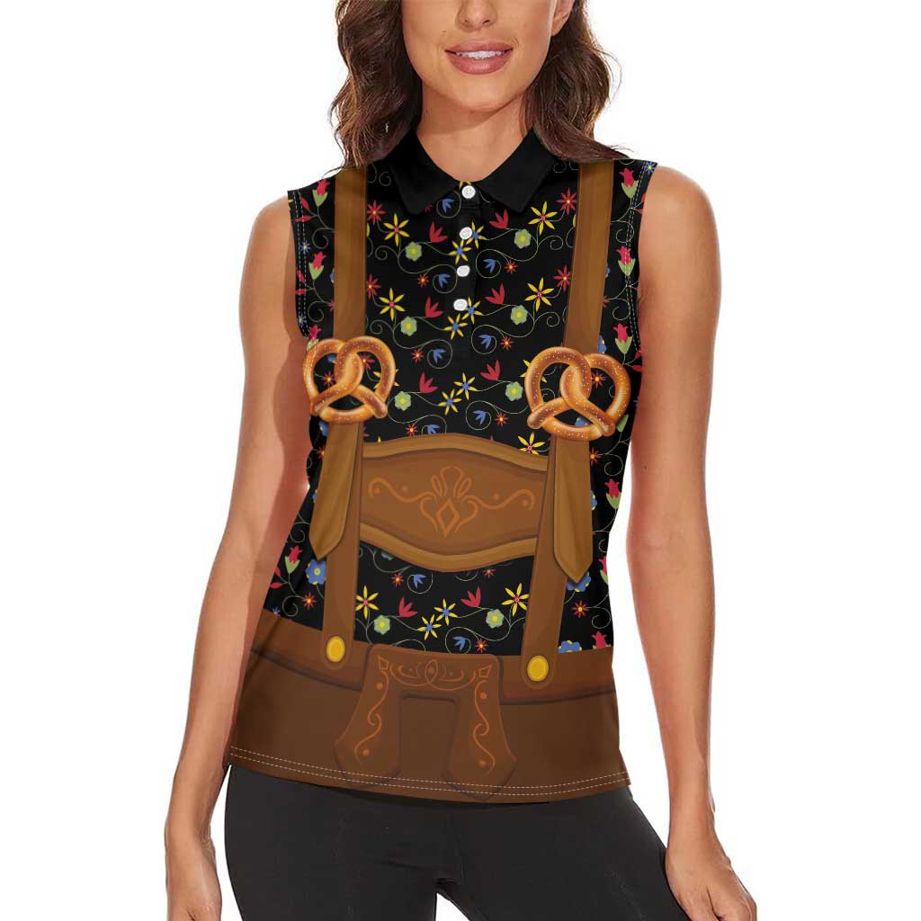 Traditional German Costume - Lederhosen and Soft Pretzel Women Sleeveless Polo Shirt Folk Floral Pattern Style