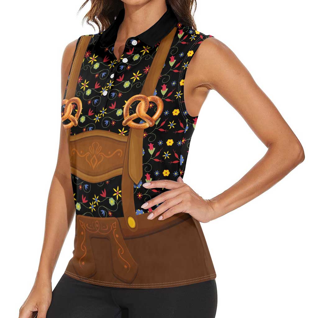 Traditional German Costume - Lederhosen and Soft Pretzel Women Sleeveless Polo Shirt Folk Floral Pattern Style