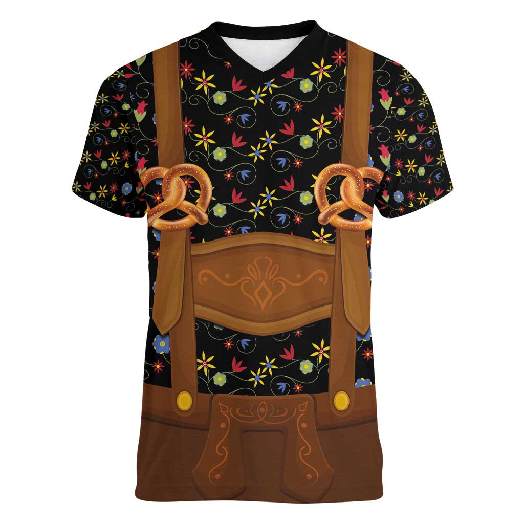 Traditional German Costume - Lederhosen and Soft Pretzel Women V-Neck T-Shirt Folk Floral Pattern Style