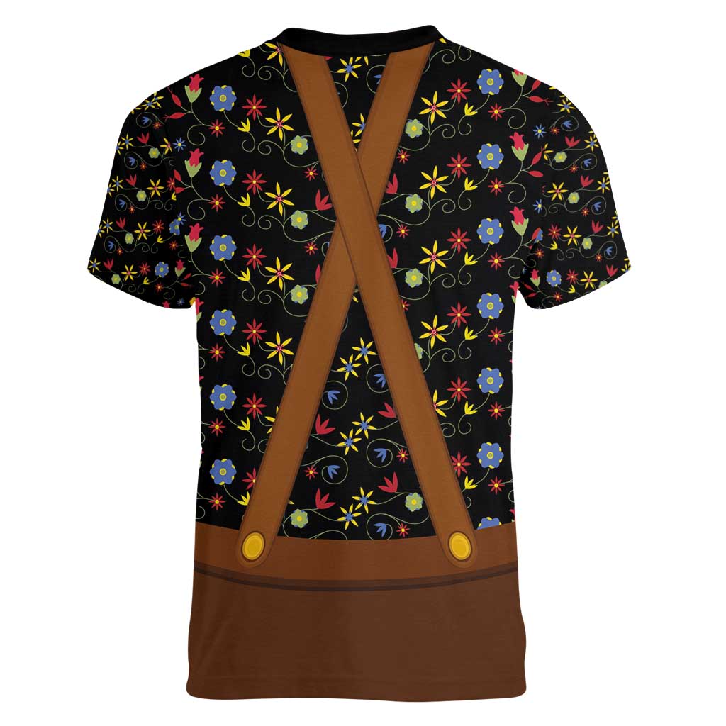Traditional German Costume - Lederhosen and Soft Pretzel Women V-Neck T-Shirt Folk Floral Pattern Style