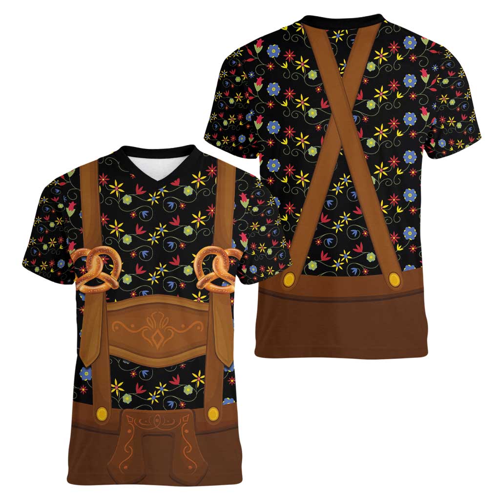 Traditional German Costume - Lederhosen and Soft Pretzel Women V-Neck T-Shirt Folk Floral Pattern Style