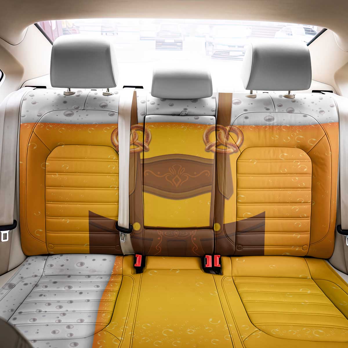 Traditional German Costume - Lederhosen and Soft Pretzel Back Car Seat Cover Oktoberfest Beer Head Funny Style