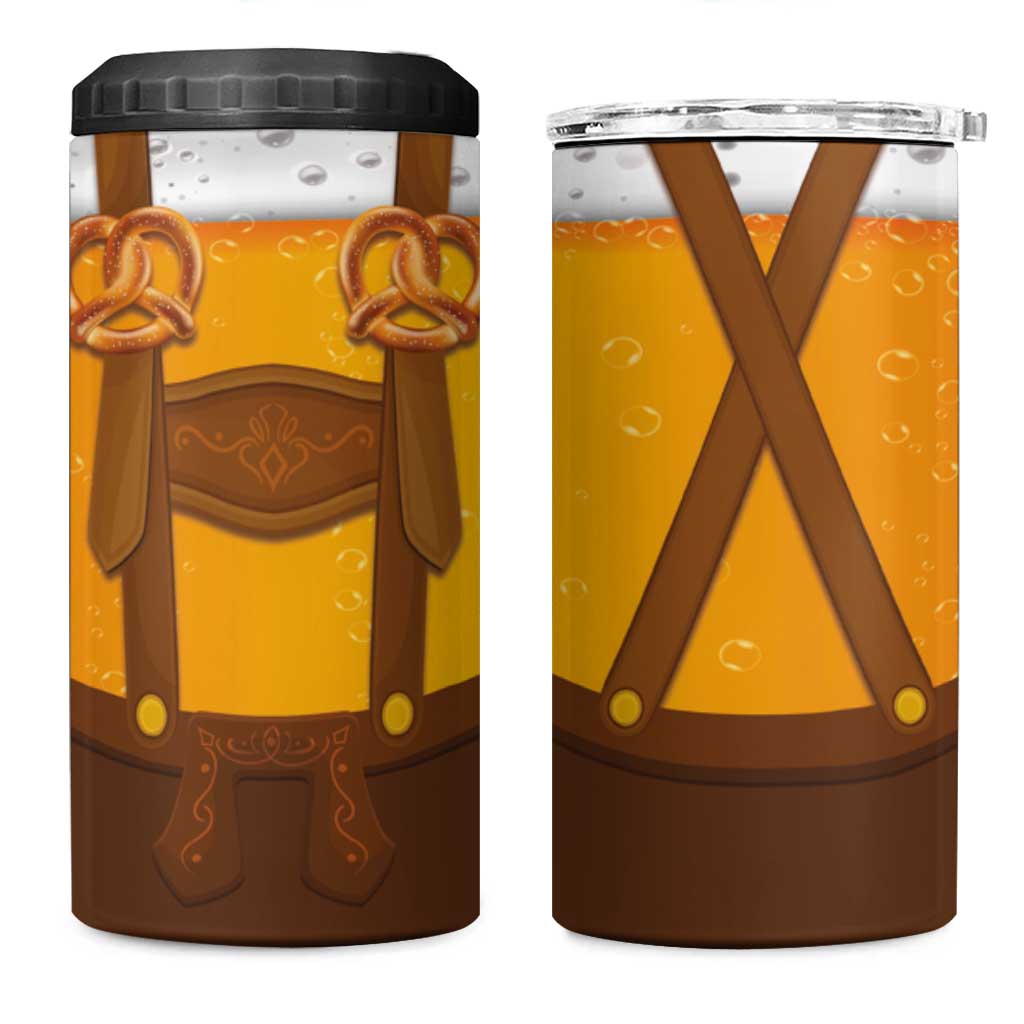 Traditional German Costume - Lederhosen and Soft Pretzel 4 in 1 Can Cooler Tumbler Oktoberfest Beer Head Funny Style