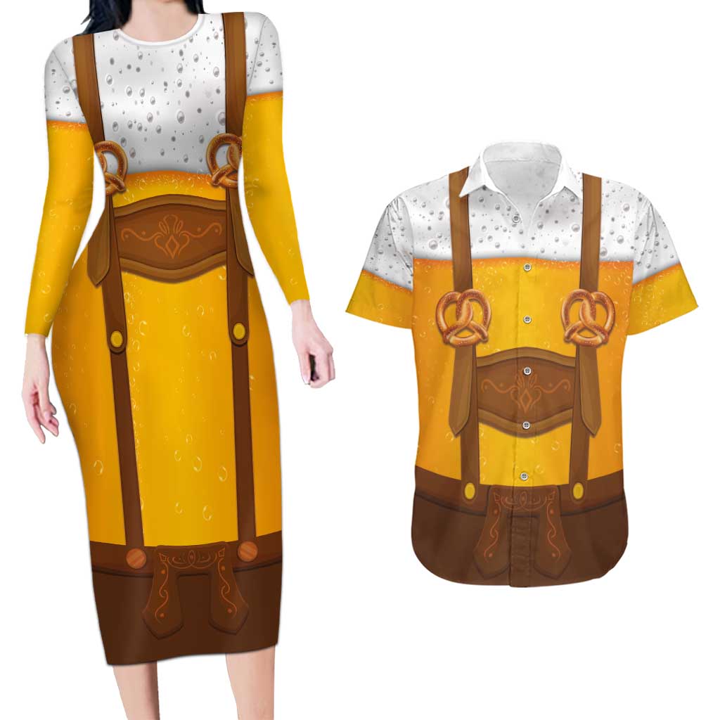 Traditional German Costume - Lederhosen and Soft Pretzel Couples Matching Long Sleeve Bodycon Dress and Hawaiian Shirt Oktoberfest Beer Head Funny Style
