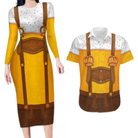 Traditional German Costume - Lederhosen and Soft Pretzel Couples Matching Long Sleeve Bodycon Dress and Hawaiian Shirt Oktoberfest Beer Head Funny Style