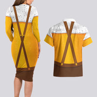 Traditional German Costume - Lederhosen and Soft Pretzel Couples Matching Long Sleeve Bodycon Dress and Hawaiian Shirt Oktoberfest Beer Head Funny Style