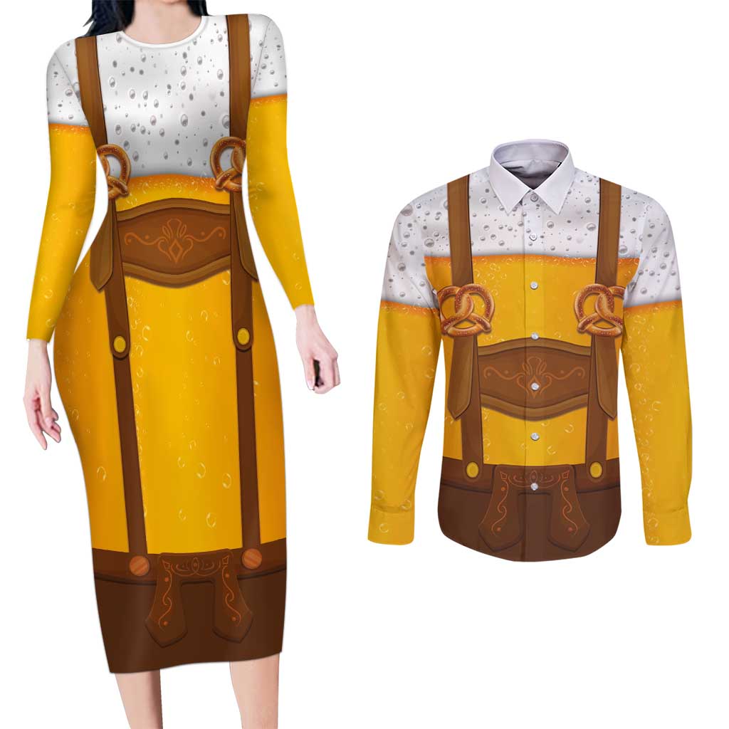 Traditional German Costume - Lederhosen and Soft Pretzel Couples Matching Long Sleeve Bodycon Dress and Long Sleeve Button Shirt Oktoberfest Beer Head Funny Style