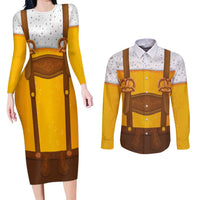 Traditional German Costume - Lederhosen and Soft Pretzel Couples Matching Long Sleeve Bodycon Dress and Long Sleeve Button Shirt Oktoberfest Beer Head Funny Style