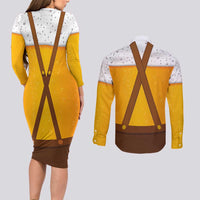Traditional German Costume - Lederhosen and Soft Pretzel Couples Matching Long Sleeve Bodycon Dress and Long Sleeve Button Shirt Oktoberfest Beer Head Funny Style