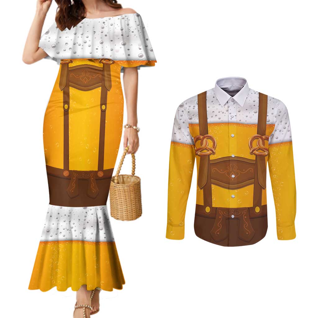 Traditional German Costume - Lederhosen and Soft Pretzel Couples Matching Mermaid Dress and Long Sleeve Button Shirt Oktoberfest Beer Head Funny Style