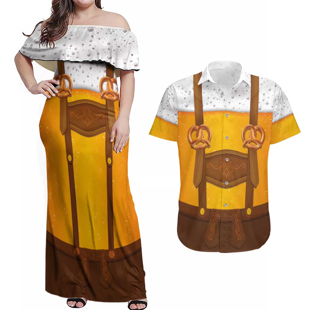 Traditional German Costume - Lederhosen and Soft Pretzel Couples Matching Off Shoulder Maxi Dress and Hawaiian Shirt Oktoberfest Beer Head Funny Style