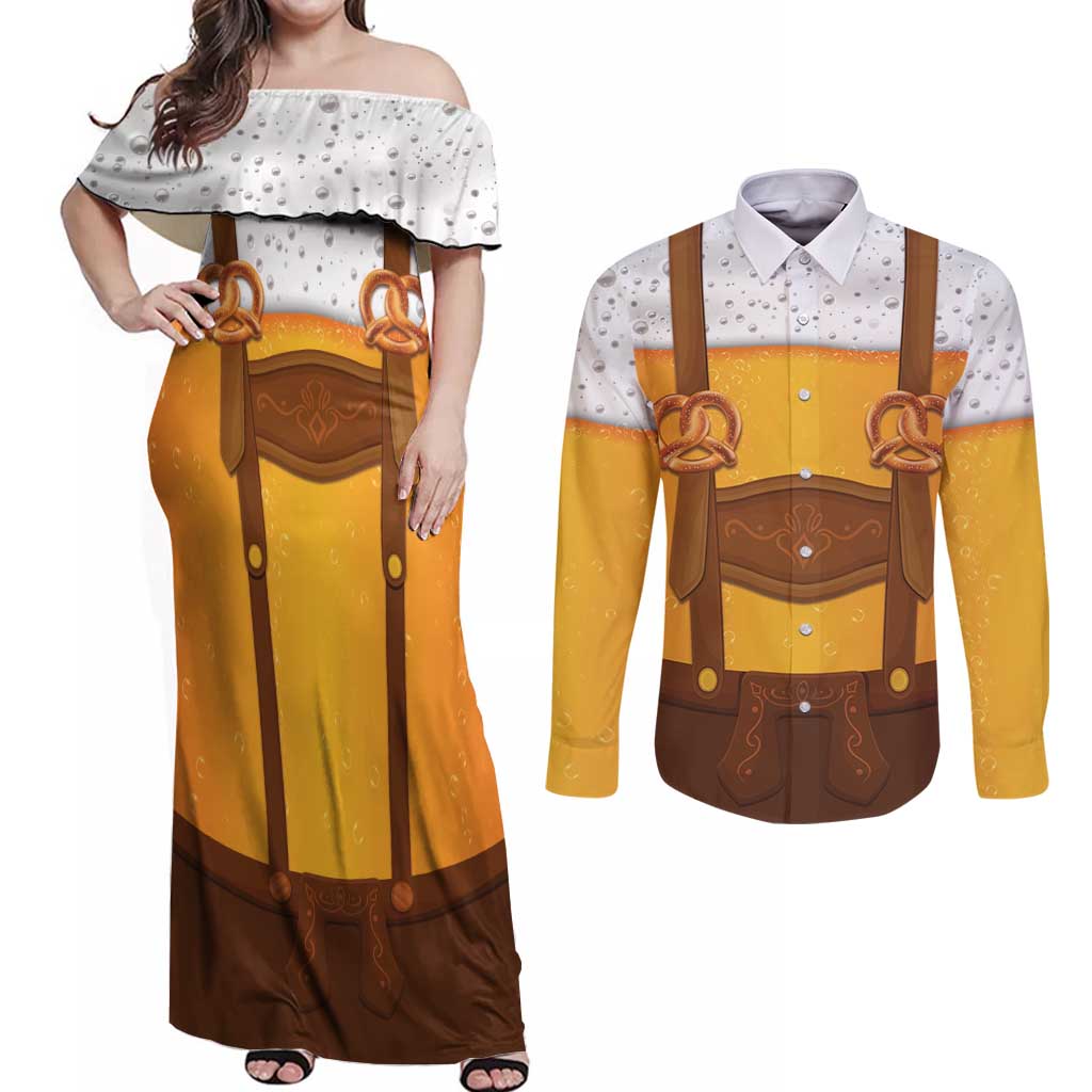 Traditional German Costume - Lederhosen and Soft Pretzel Couples Matching Off Shoulder Maxi Dress and Long Sleeve Button Shirt Oktoberfest Beer Head Funny Style
